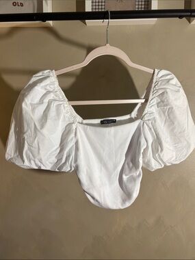 Zara White Puff-Sleeve Square Neck Crop Top